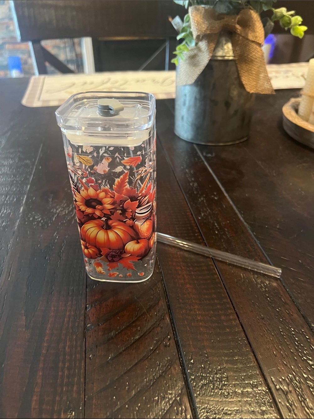 Autumn Pumpkin Glass Tumbler with Straw - Orange Fall Design